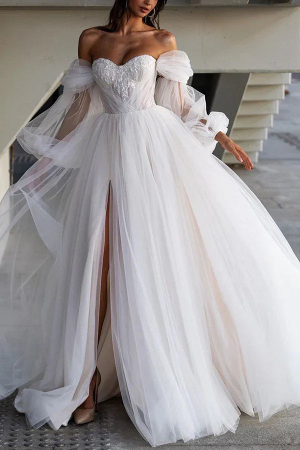 A Line Sweetheart Sticker Hall Casual Wedding Dress with Sleeves Country Style Bridal Dress Off Shoulder With Slit