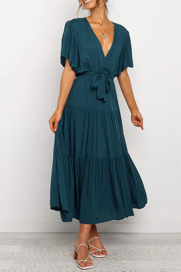 Leisure solid color patchwork V-neck cake dress evening dress Party Dress