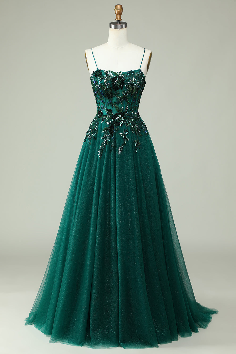 A Line Spaghetti Straps Dark Green Corset Prom Dress with Appliques Beautiful