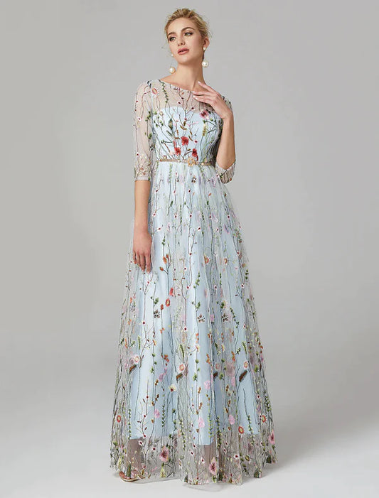 A-Line Evening Gown Elegant Dress Floor Length Sleeve Lace with Embroidery Beautiful Evening Dress