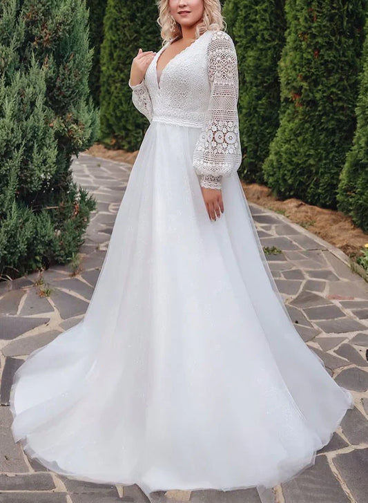 A-line/Princess V-neck Large Sticker Lace Wedding Dress Plus Size Beautiful