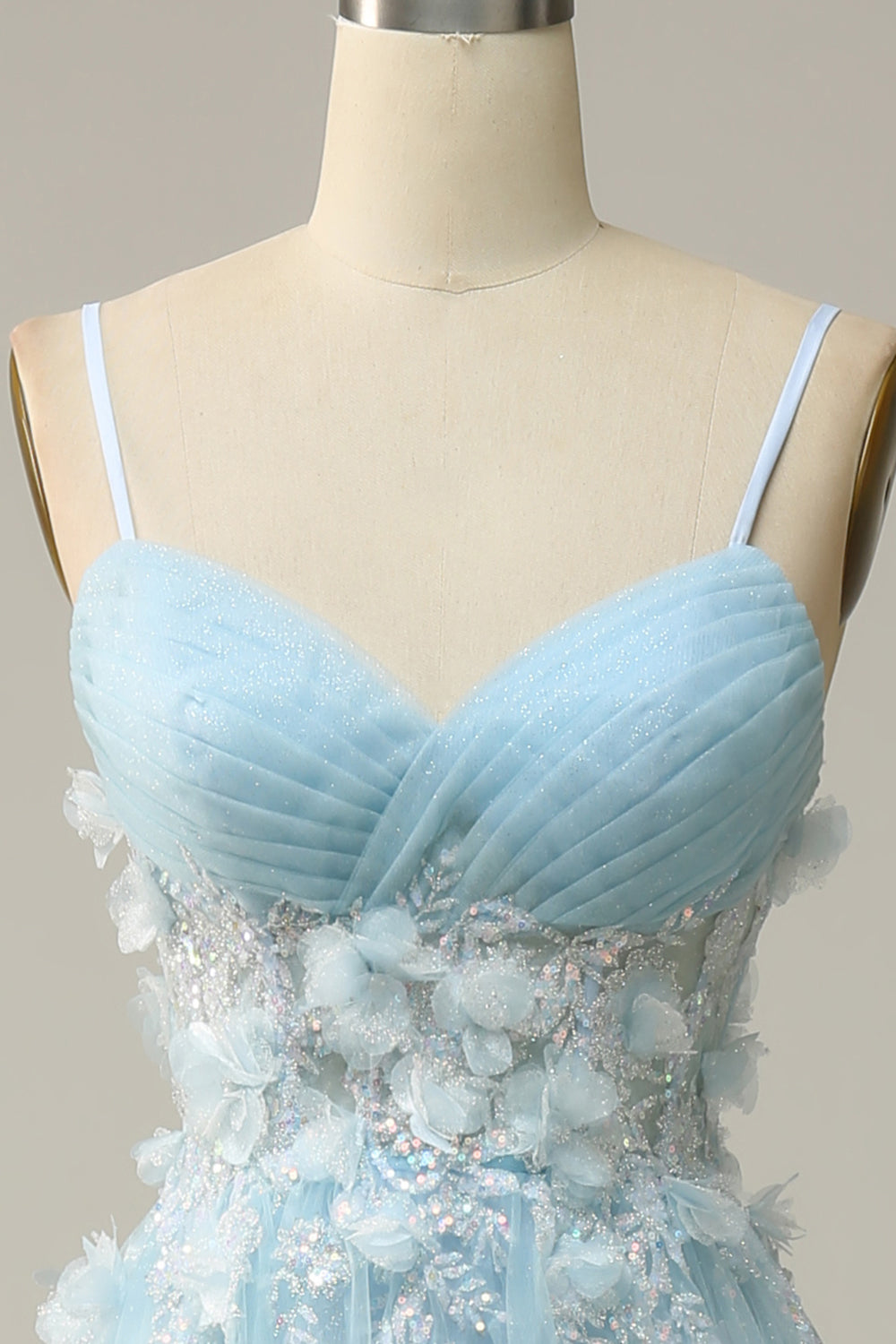 A Line Spaghetti Straps Sky Blue Prom Dress with Appliques Beautiful