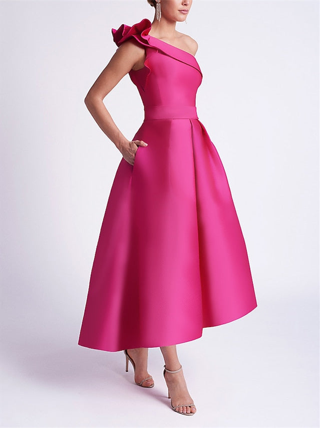 A-Line/Princess One Shoulder Sleeveless Cocktail Dresses With Pocket Fuchsia Party Dress