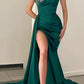 Sexy V-neck beaded satin pleated high slit long ball evening dress Sparkly