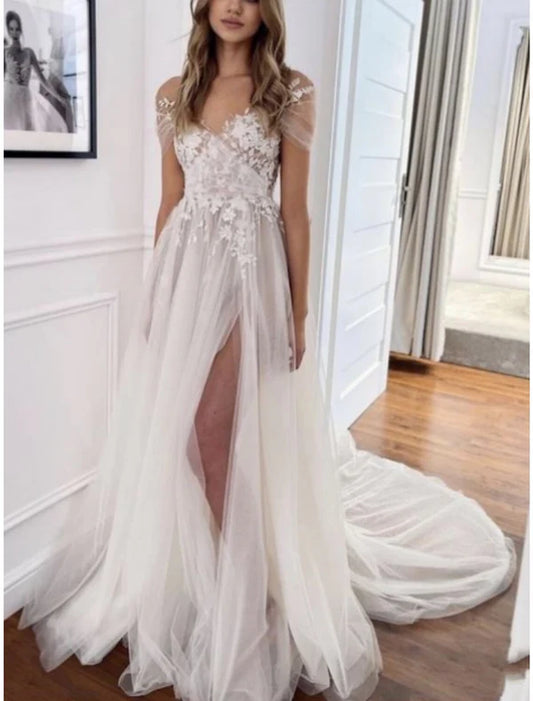 Beach Formal Wedding Dresses A-Line V Neck Short Sleeve Court Train Lace Bridal Gowns With Pleats Split