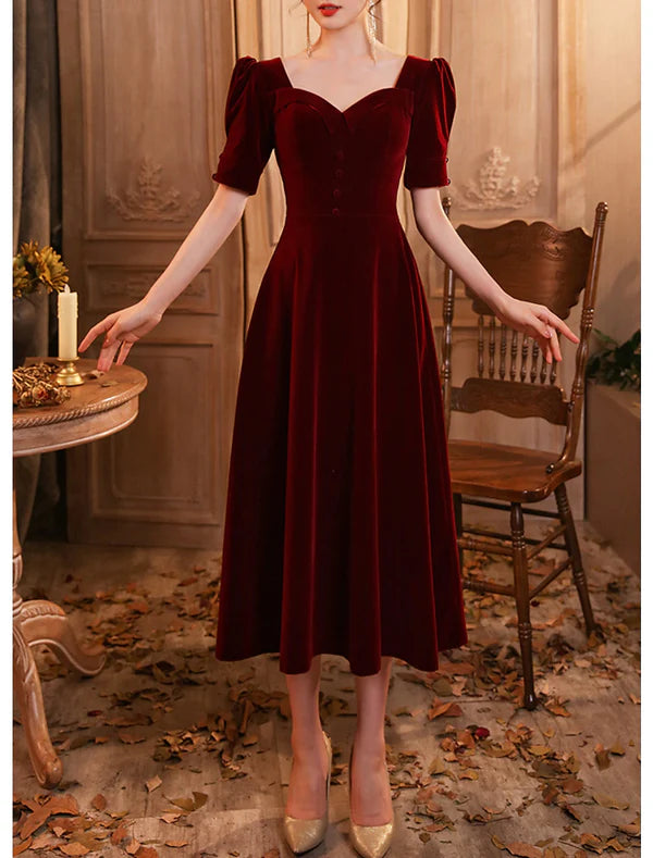 A-Line Cocktail Dresses Elegant Dress Wedding Guest Homecoming Tea Length Half Sleeve Scoop Neck Velvet