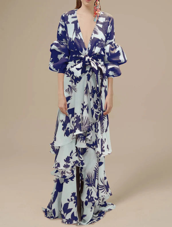 A-Line Party Dresses Floral Dress Wedding Guest Holiday Floor Length Long Sleeve V Neck Polyester with Print Strappy Sexy