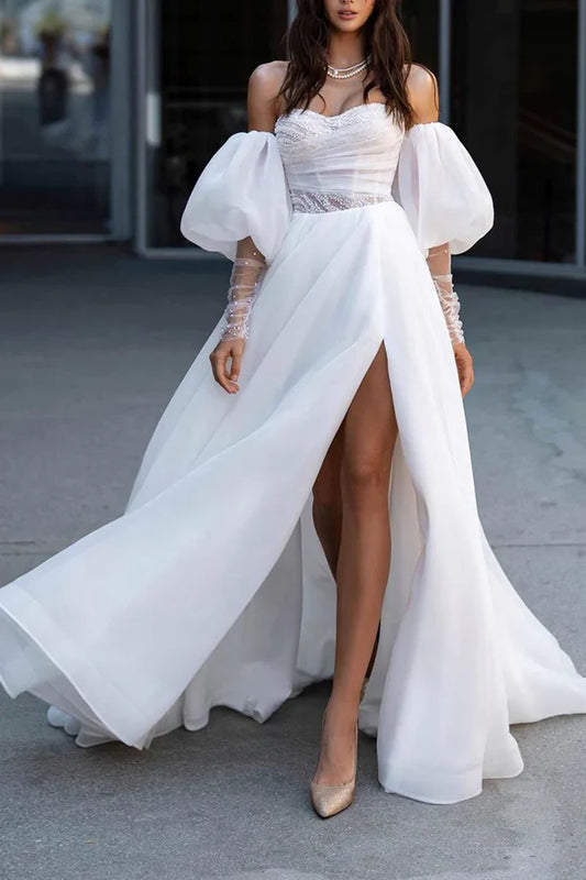 A line Sweetheart Hall casual wedding dress with sleeves pearl countryside style bride dress Sexy