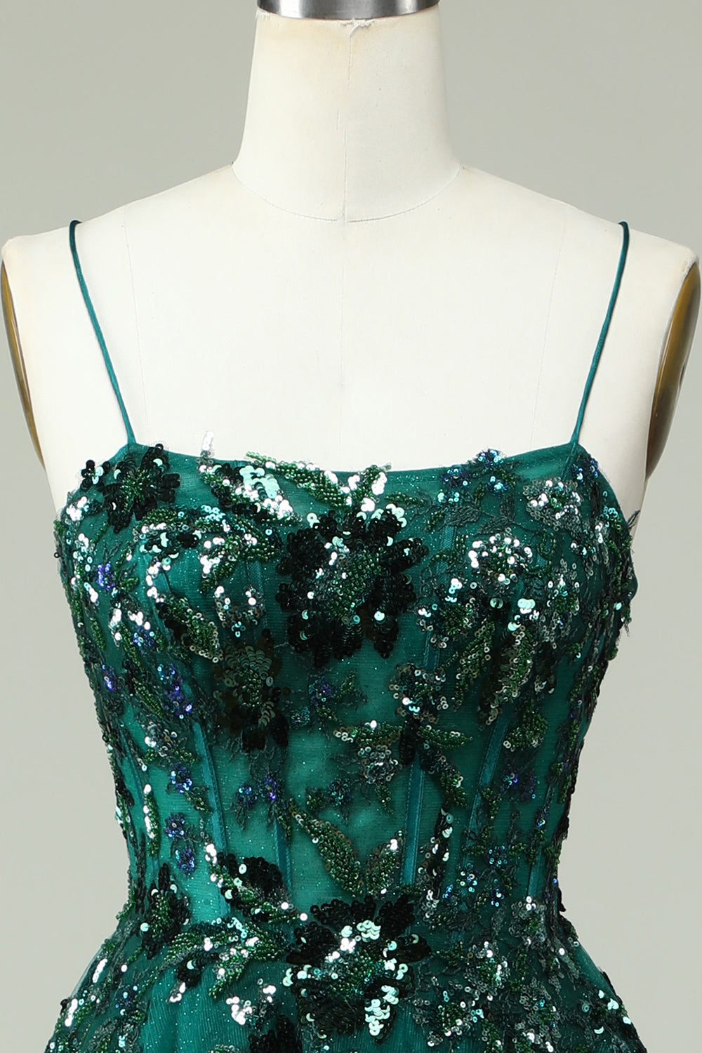 A Line Spaghetti Straps Dark Green Corset Prom Dress with Appliques Beautiful