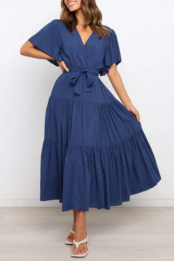 Leisure solid color patchwork V-neck cake dress evening dress Party Dress