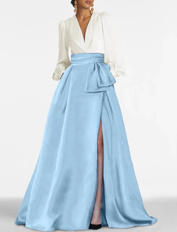 A-Line Evening Gown Elegant Dress Formal Sweep / Brush Train Formal Red Green Dress Long Sleeve V Neck Satin with Slit