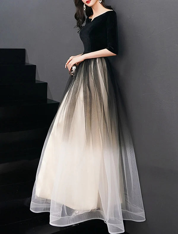 A-Line Elegant Gradient Prom Formal Evening Dress Jewel Neck Half Sleeve Floor Length Tulle with Sleek Party Dresses