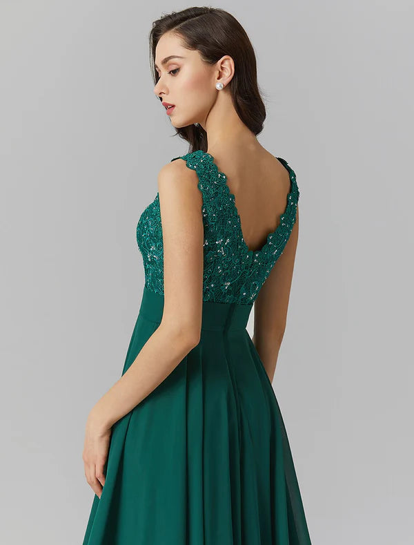 A-Line Elegant Dress Wedding Guest Formal Evening Floor Length Sleeveless V Neck Chiffon V Back with Beading