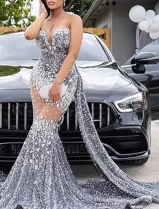 Mermaid / Trumpet Evening Gown Sparkle & Shine Dress Carnival Formal Court Train Sleeveless Strapless African American Sequined with Beading