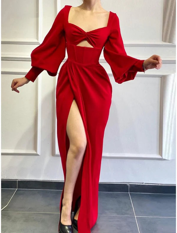 A-Line Evening Gown Party Wear Floor Length Long Sleeve Square Neck Wedding Guest Dresses with Slit