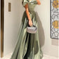 A-Line Evening Gown Elegant Dress Formal Floor Length Christmas Red Green Dress Short Sleeve Off Shoulder Satin with Pleats