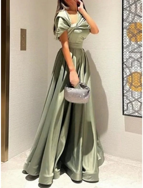 A-Line Evening Gown Elegant Dress Formal Floor Length Christmas Red Green Dress Short Sleeve Off Shoulder Satin with Pleats