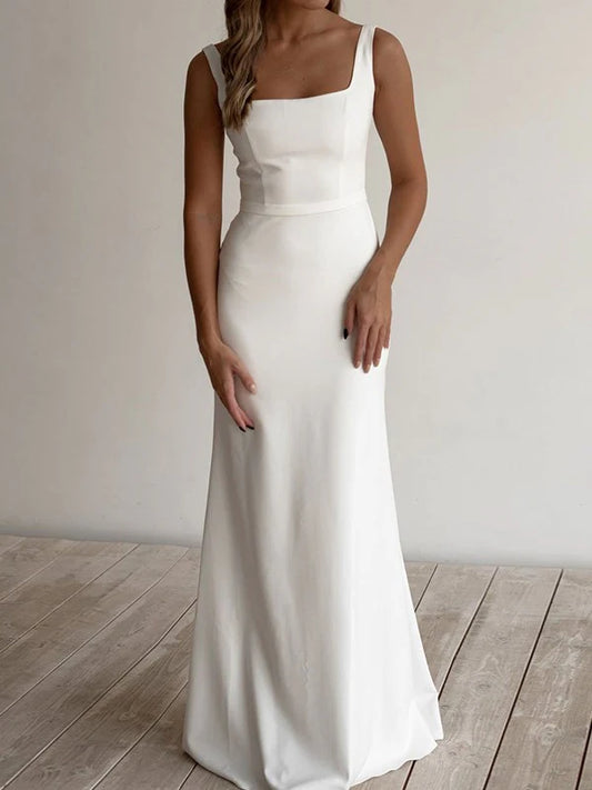 Tight fit/straight tube crepe ruffle edge shoulder strap sleeveless ground wedding dress Floor Length