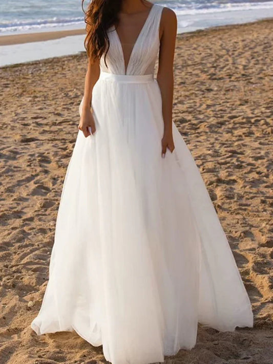 A-line/Princess Deep V-neck and Floor sheer Wedding Dress Sexy Pure Color