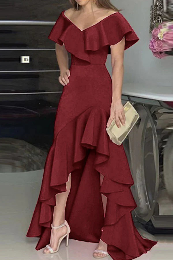 Fashionable solid color ruffled edge V-neck irregular evening dress Sexy Party Dress