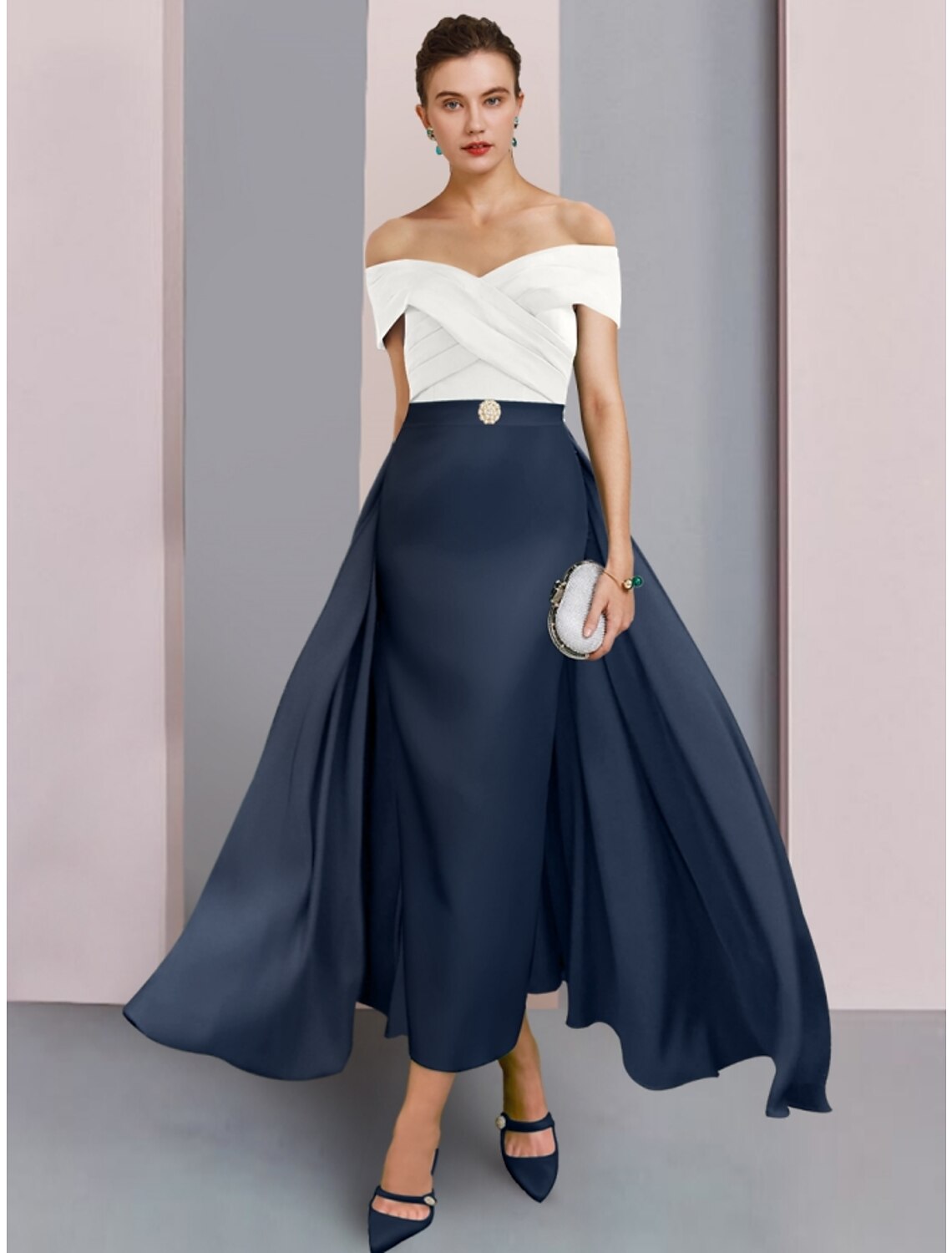 A-Line Mother of the Bride Dress Wedding Guest Elegant Off Shoulder Ankle Length Stretch Fabric Short Sleeve with Crystal