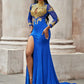 Applique Long Sleeves Jersey High Neck Prom Dresses Blue Sexy