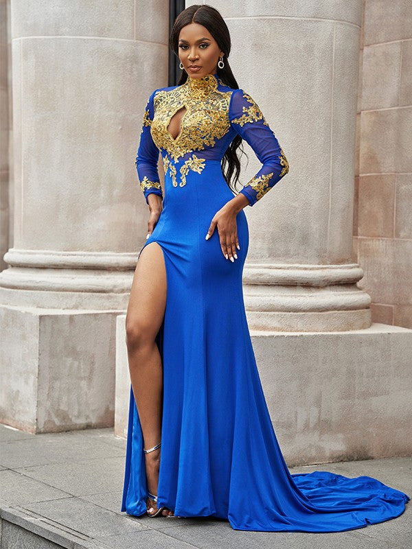 Applique Long Sleeves Jersey High Neck Prom Dresses Blue Sexy