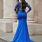 Applique Long Sleeves Jersey High Neck Prom Dresses Blue Sexy