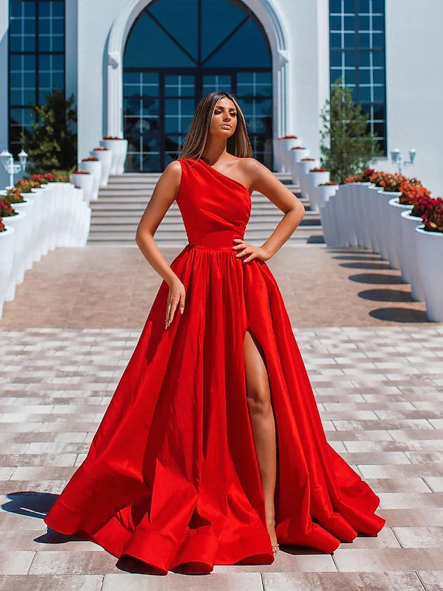 A-Line Sexy High Split Prom Formal Evening Dress One Shoulder Sleeveless Floor Length Charmeuse