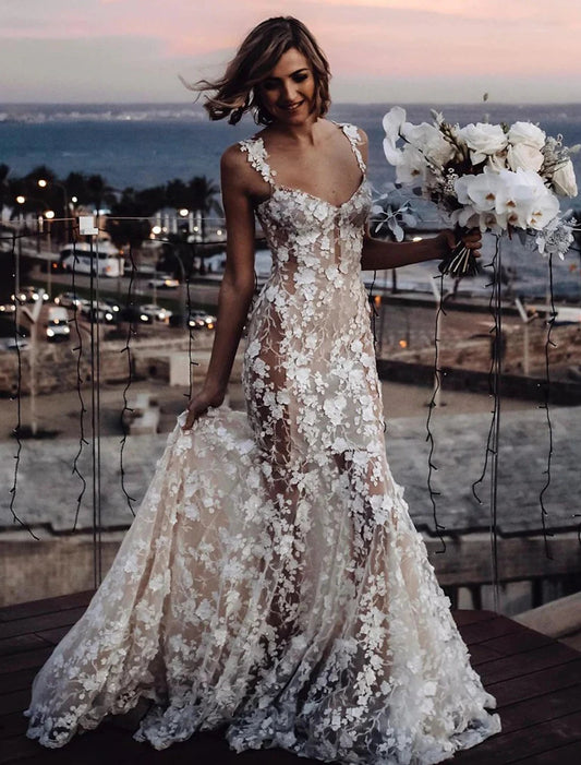 Beach Sexy Boho Wedding Dresses Mermaid / Trumpet Sweetheart Regular Straps Court Train Lace Bridal Gowns