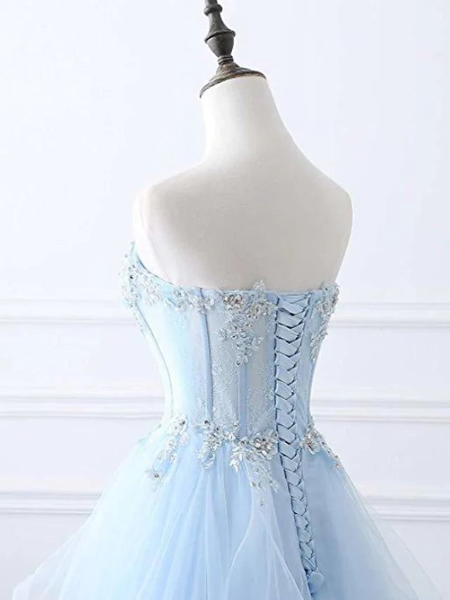 A-Line Sexy Floral Engagement Prom Birthday Dress Strapless Sleeveless Sweep / Brush Train Lace with Pleats