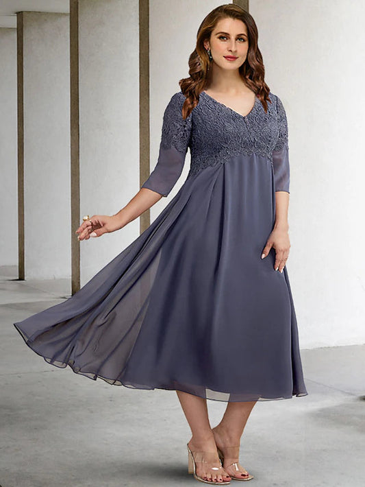 A-Line Plus Size Curve Mother of the Bride Dresses Elegant Dress Formal Tea Length Half Sleeve V Neck Chiffon with Buttons