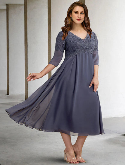 A-Line Mother of the Bride Dresses Plus Size Hide Belly Curve Elegant Dress Formal Tea Length Half Sleeve V Neck Chiffon with Buttons