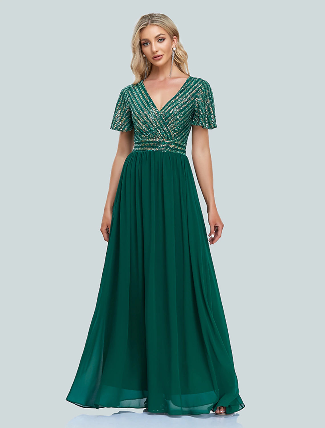 A-Line Mermaid / Trumpet Evening Gown Elegant Dress Christmas Floor Length Short Sleeve V Neck Sequined