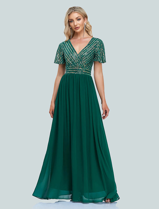 A-Line Mermaid / Trumpet Evening Gown Elegant Dress Christmas Floor Length Short Sleeve V Neck Sequined
