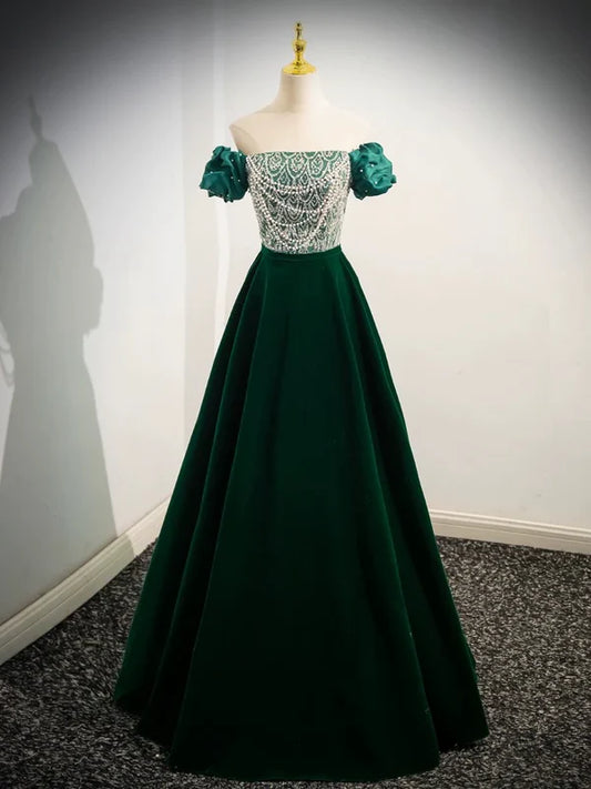 A-Line Velvet Sequin Beads Green Long Prom Dress Evening Dress Elegant