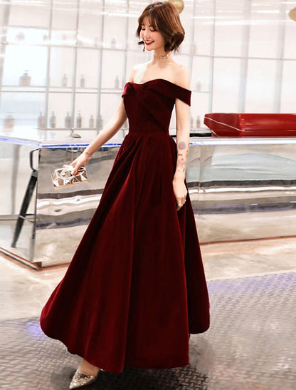 A-Line Evening Gown Elegant Dress Wedding Guest Ankle Length Short Sleeve Off Shoulder Velvet