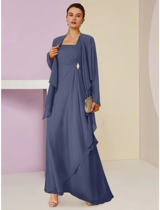 A-Line Mother of the Bride Dress Wedding Guest Elegant Square Neck Ankle Length Chiffon Long Sleeve with Crystal Brooch