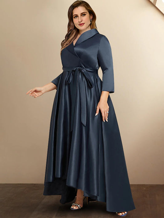 A-Line Plus Size Curve Mother of the Bride Dresses High Low Dress Formal Asymmetrical 3/4 Length Sleeve Shirt Collar Satin with Bow(s)