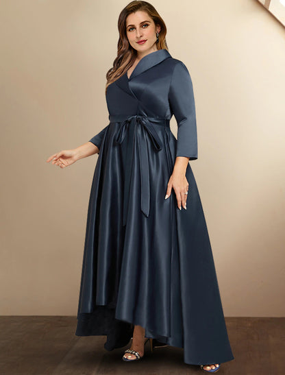 A-Line Mother of the Bride Dresses Plus Size Hide Belly Curve High Low Dress Formal Asymmetrical 3/4 Length Sleeve Shirt Collar Satin