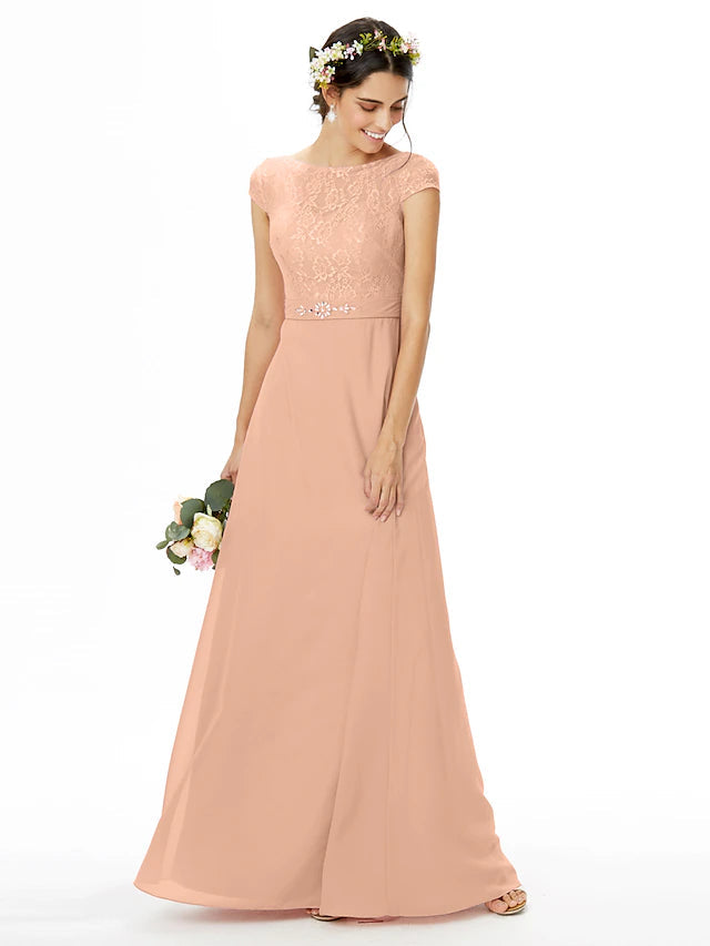 Sheath / Column Bridesmaid Dress Bateau Neck Short Sleeve Elegant Floor Length Chiffon / Lace with Lace / Sash / Ribbon