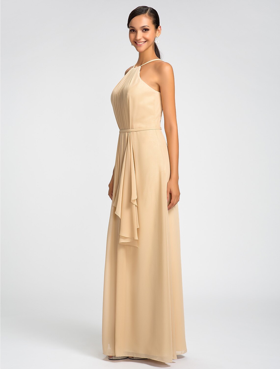 Sheath High Neck Floor Length Chiffon Bridesmaid Dress with Draping