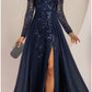 A-Line Mother of the Bride Dress Wedding Guest Elegant Jewel Neck Floor Length Chiffon Lace Sequined Long Sleeve