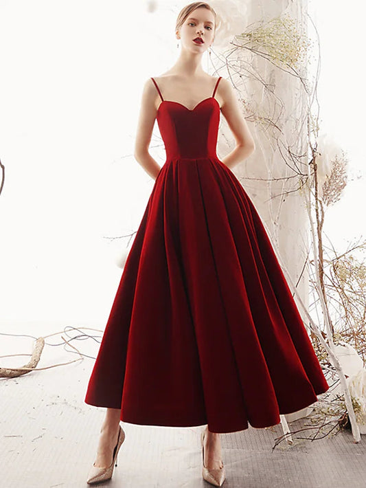 A-Line Prom Dresses Beautiful Back Dress Party Wear Ankle Length Sleeveless Spaghetti Strap Velvet with Sleek