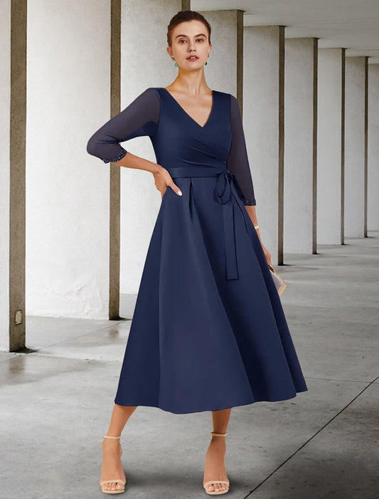 A-Line Mother of the Bride Dress Wedding Guest Elegant Petite V Neck Tea Length Stretch Chiffon 3/4 Length Sleeve with Bow(s)