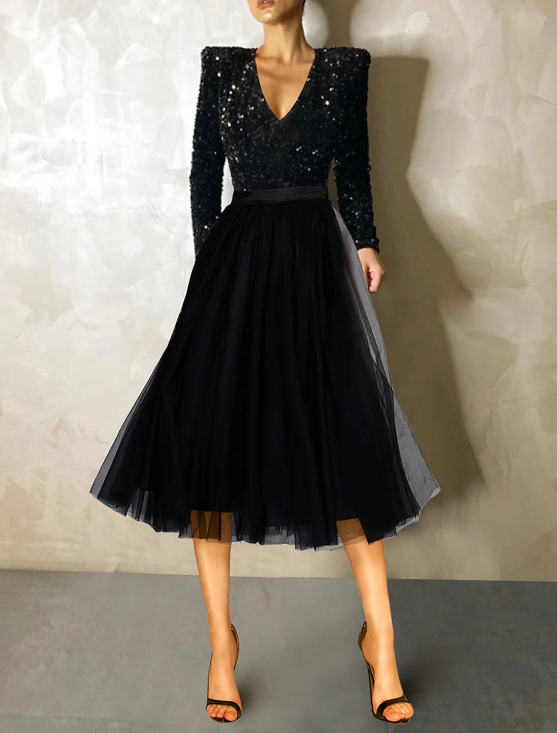 Ball Gown A-Line Cocktail Dresses Vintage Dress Evening Party Cocktail Party Tea Length Long Sleeve Jewel Neck Fall Wedding Guest Tulle