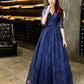 A-Line Evening Gown Beautiful Back Dress Wedding Guest Floor Length Half Sleeve V Neck Lace