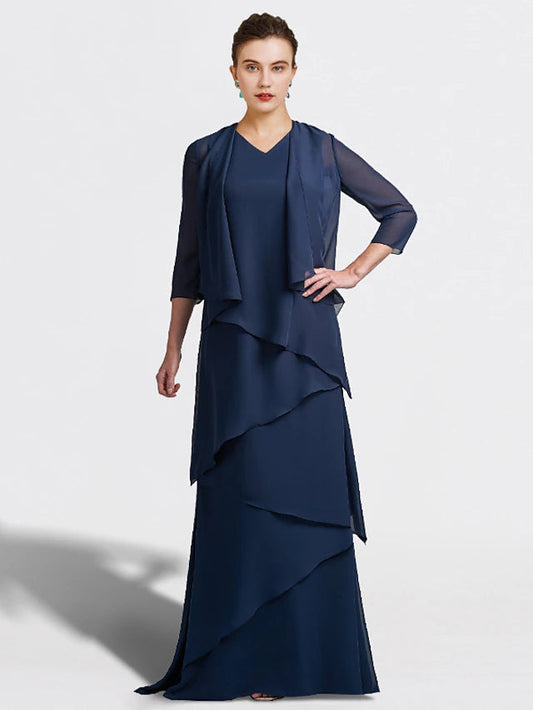 Two Piece A-Line Mother of the Bride Dress Plus Size Elegant V Neck Floor Length Chiffon Sleeveless Wrap Included