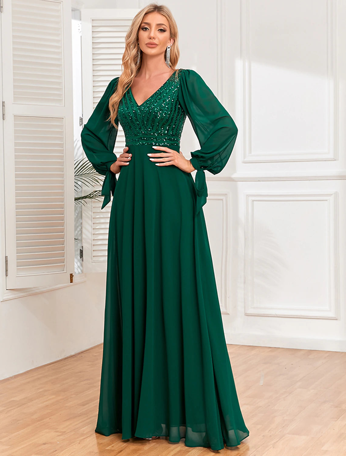 A-Line Evening Gown Empire Dress Evening Party Wedding Reception Floor Length Long Sleeve V Neck Fall Wedding Guest Chiffon V Back