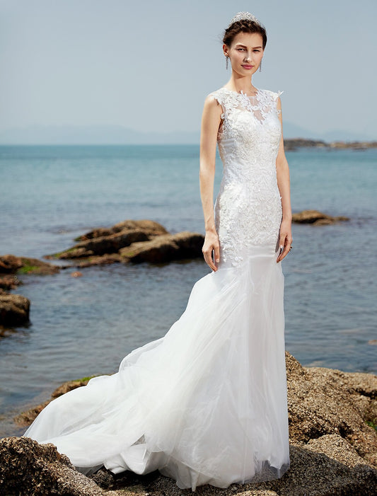 Mermaid / Trumpet Bateau Neck Sweep / Brush Train Lace / Tulle Made-To-Measure Wedding Dresses with Lace